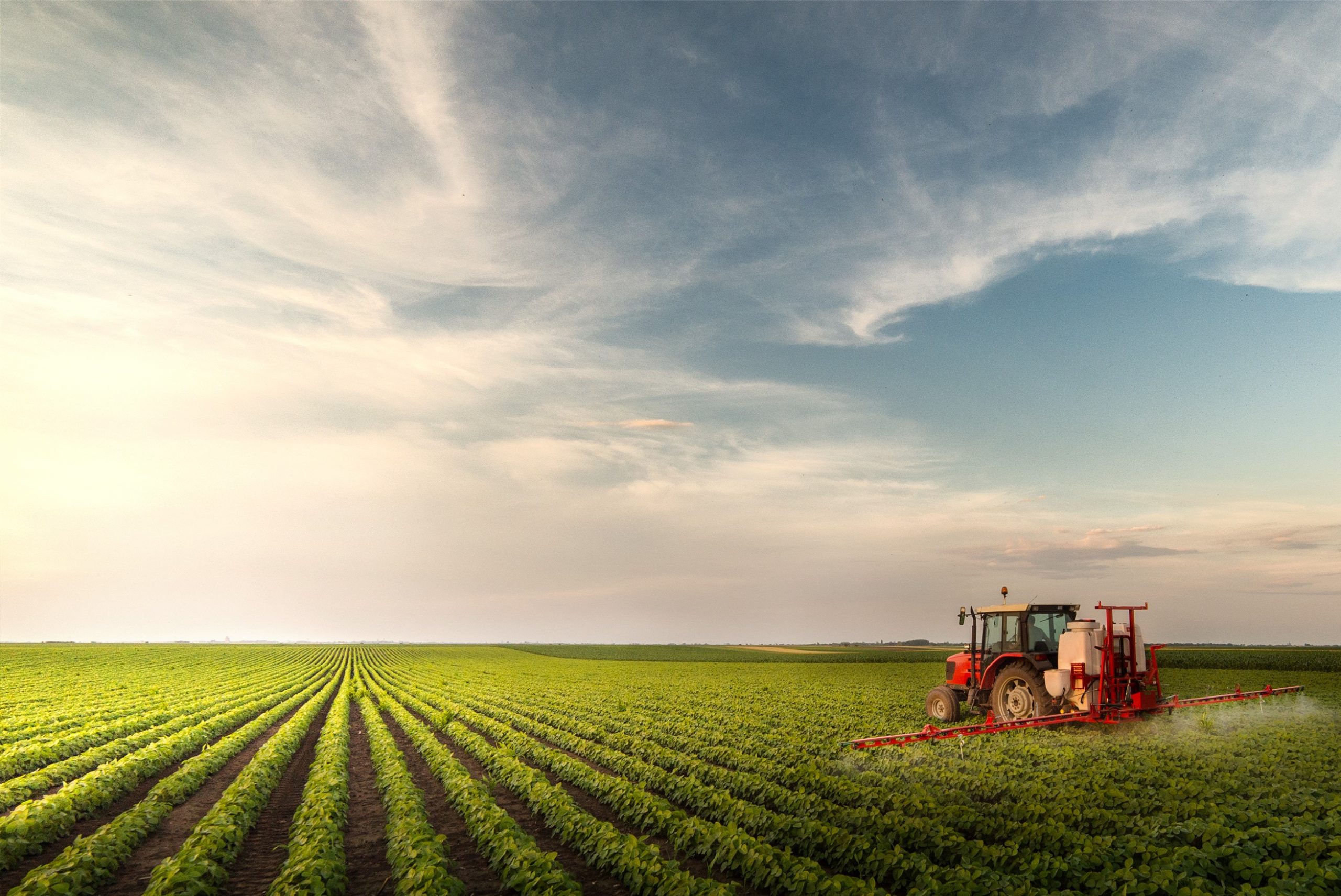 Tractor spraying glyphosate at soy bean field